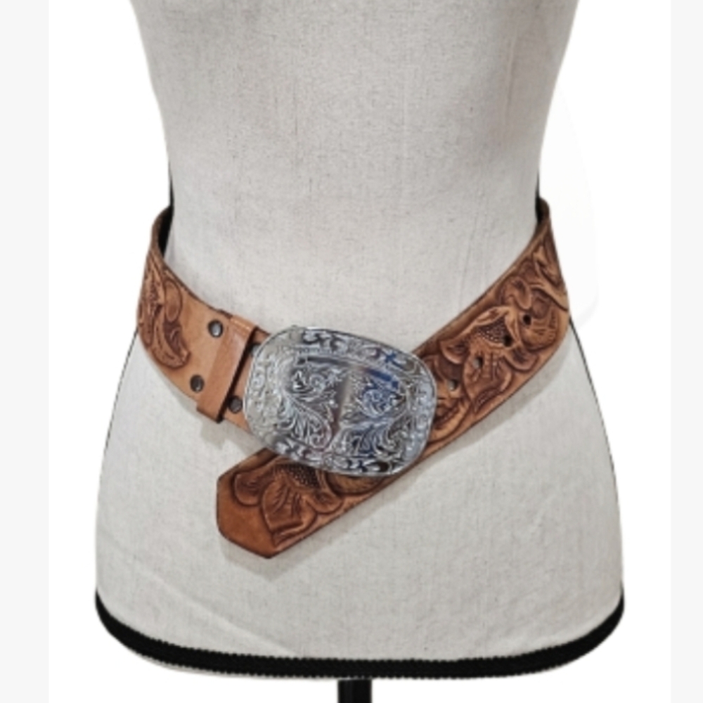 Vintage Tooled Brown Leather Belt with Silver Floral Buckle